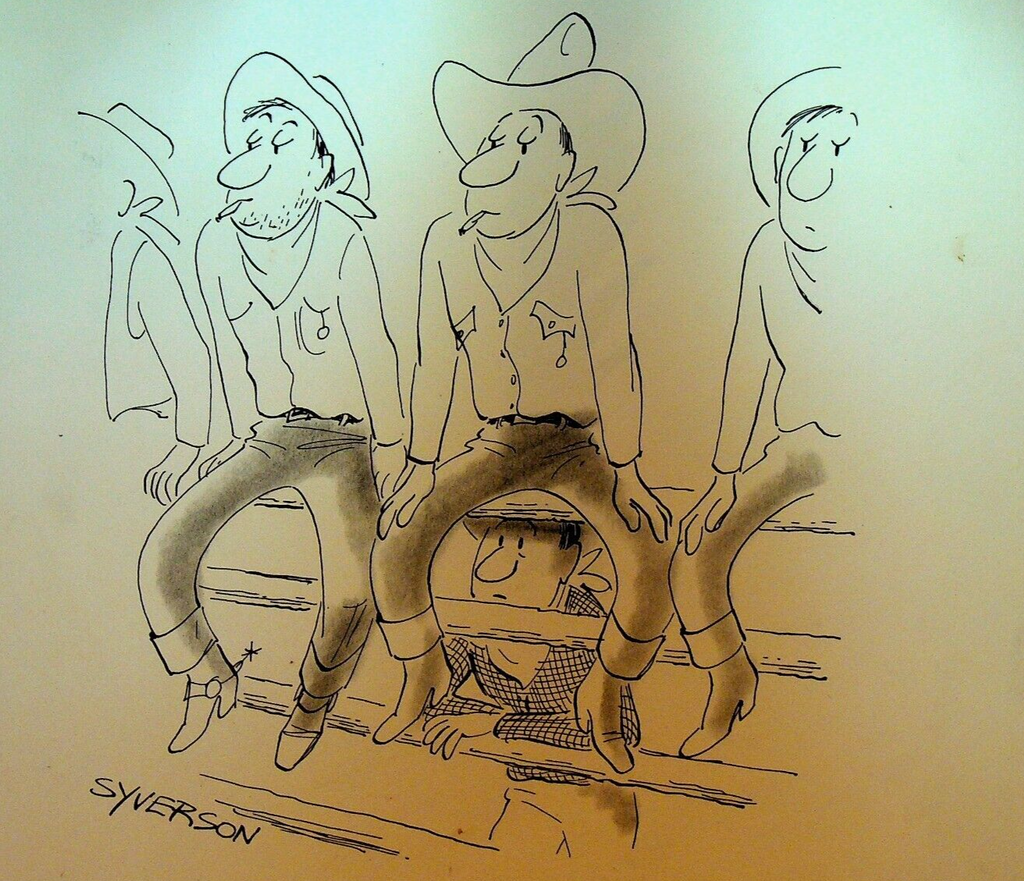 Henry S Syverson Original Art Bowlegged Cowboys Sitting on Fence