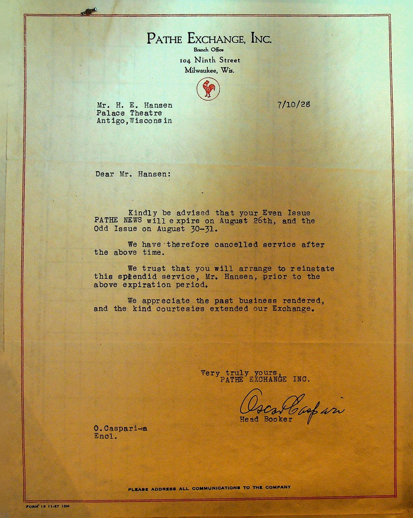 Pathe Exchange Letterhead & Play Dates Confirmation July 10 1928 News 690
