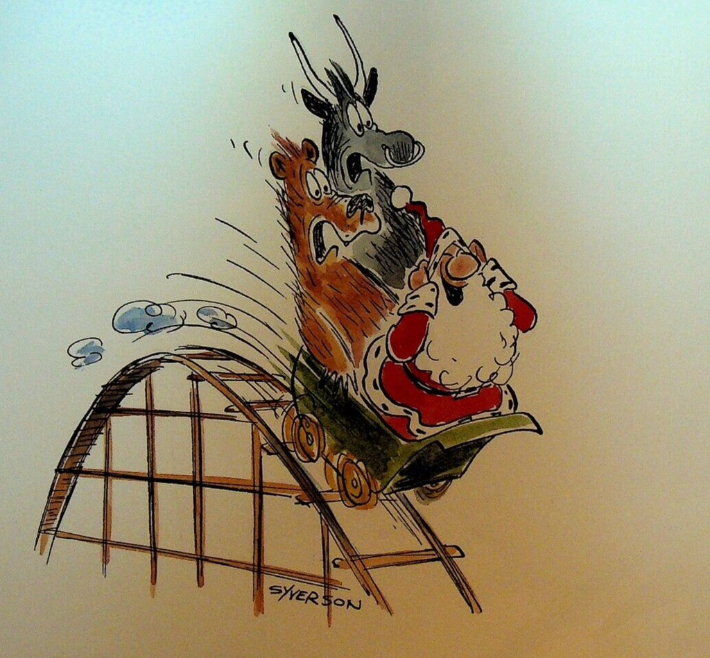 Henry S Syverson Original Art Santa Claus & Animals on Roller Coaster Christmas