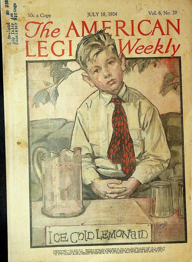 American Legion Weekly July 18 1924 Lemonade Stand Cover Reed-Johnson Law0