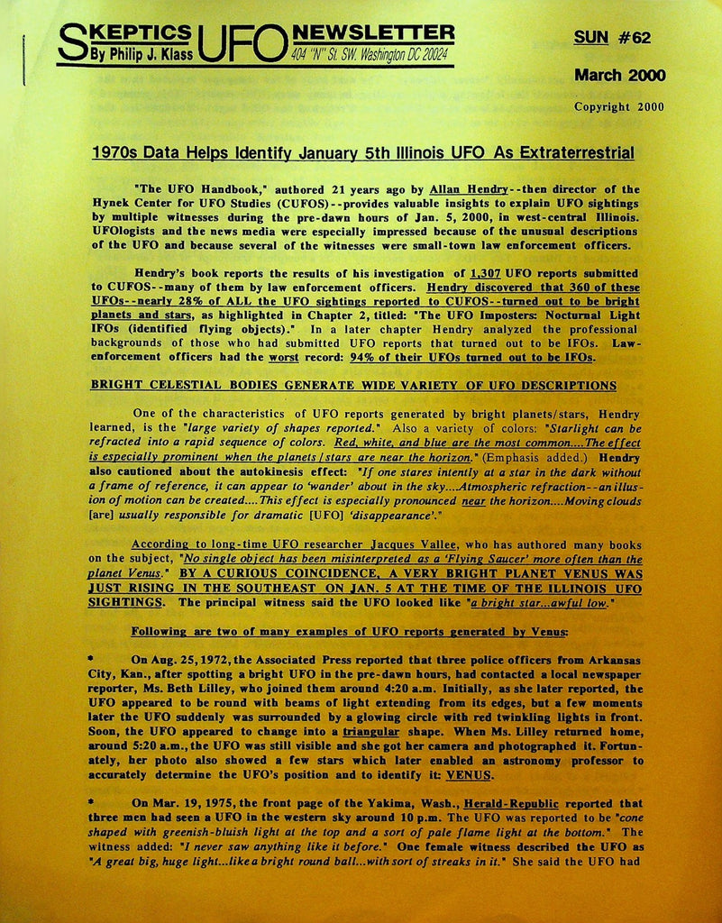 Skeptics UFO Newsletter 62 March 2000 Philip J Klass Illinois UFO0