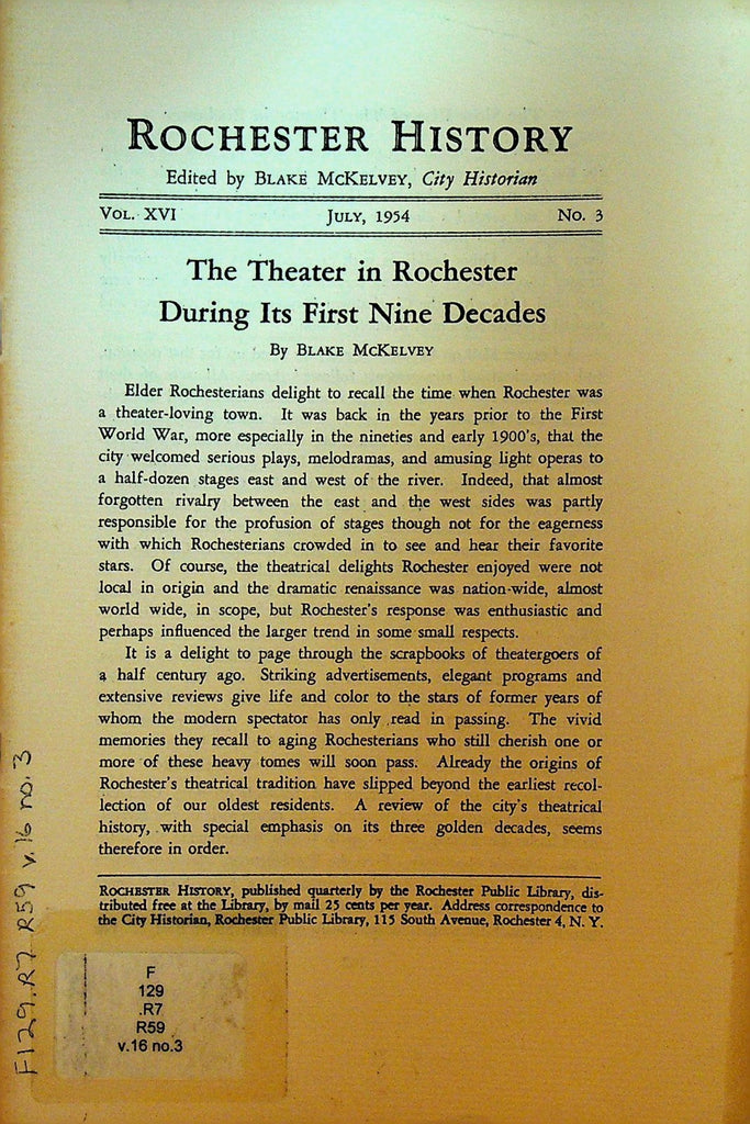 Rochester History NY July 1954 Theater in Rochester During First 90 Years0