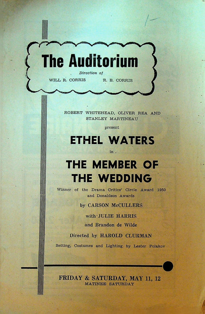The Member of the Wedding Playbill May 1951 Ethel Waters Julie Harris Rochester0