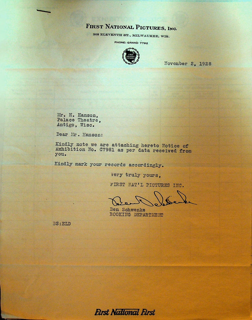 First National Pictures Letterhead November 2 1928 The Barker Silent Film0