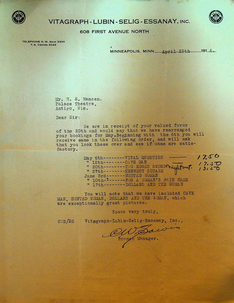 Vitagraph Lubin Selig Essanay Letterhead April 25 1916 Kennedy Square0