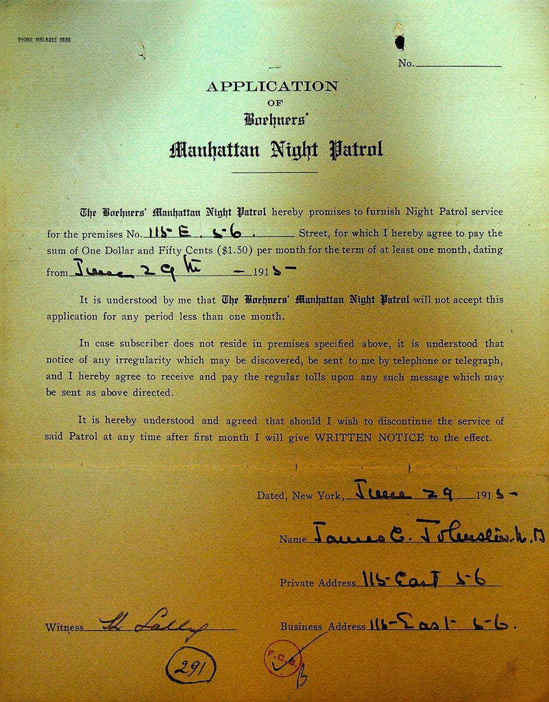 Boehners Manhattan Night Patrol Signed Contract 1915 MD 115 E 56th St