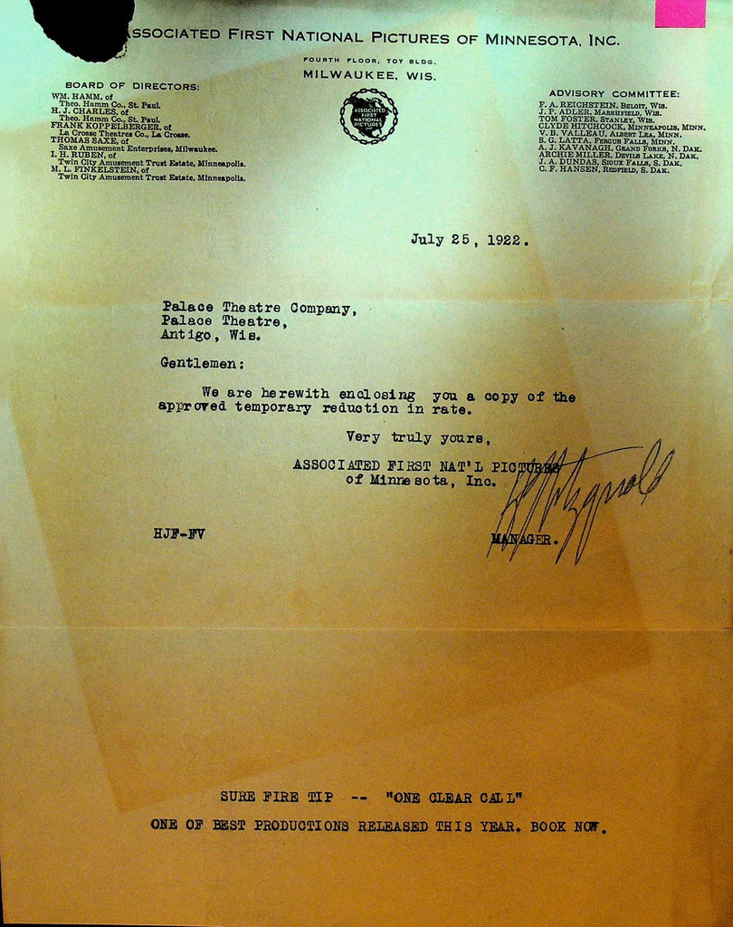 Associated First National Pictures Letterhead July 25 1922 Rate Reduction0