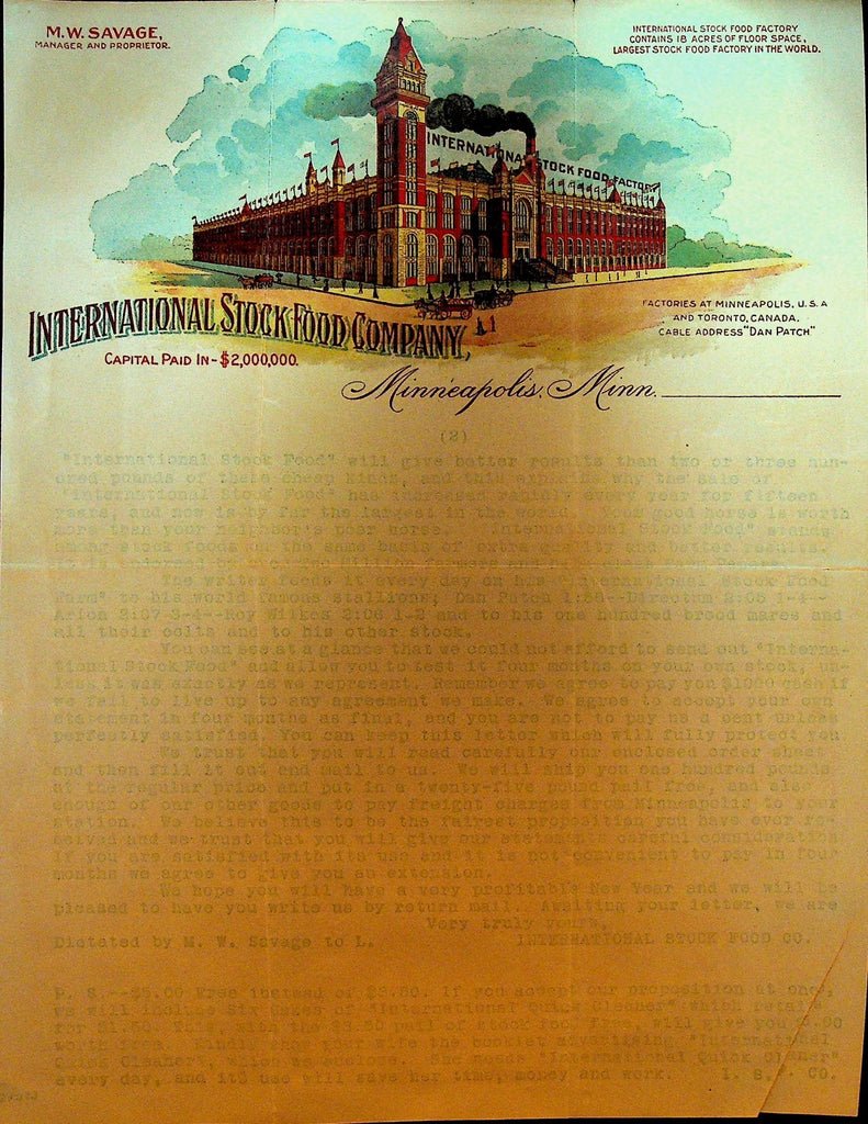 International Stock Food Company Letterhead Minneapolis MW Savage ca 19000