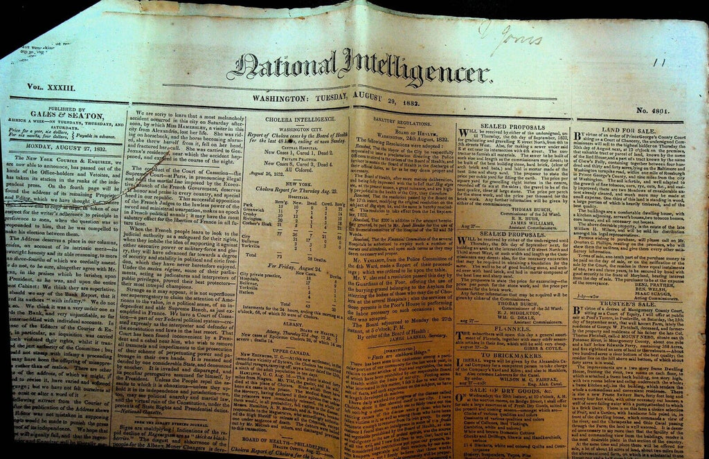 National Intelligencer August 27 1832 Cholera Outbreak Runaway Slave Reward