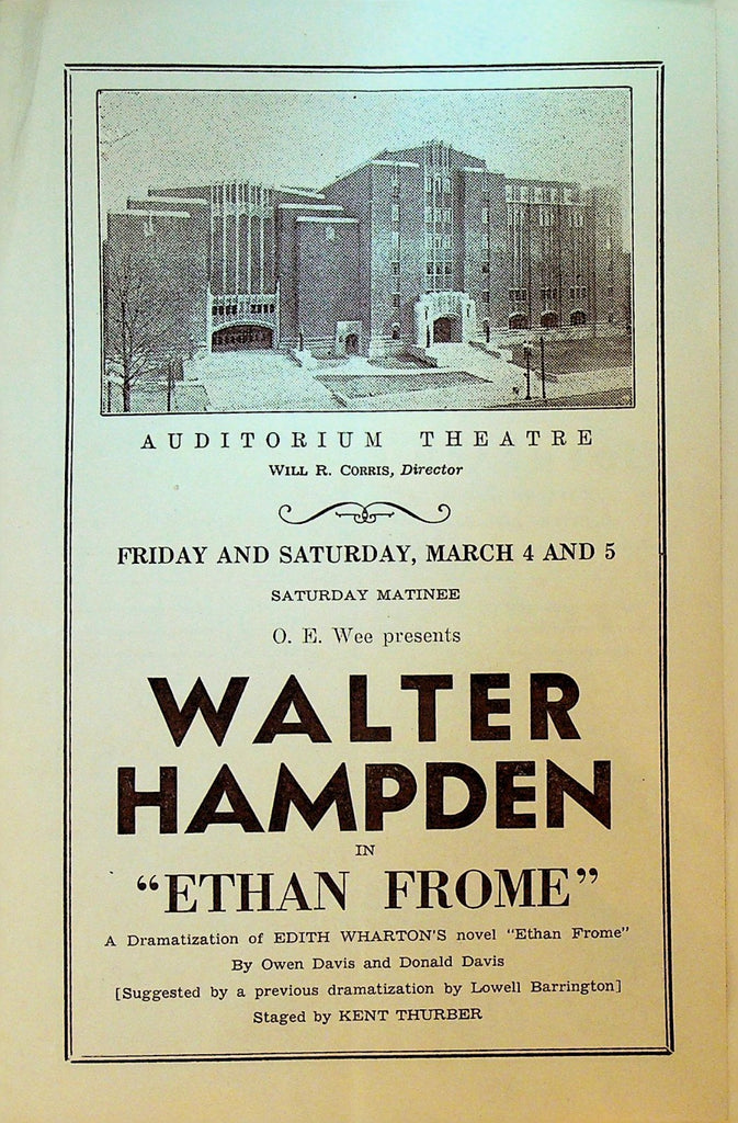 Ethan Frome Playbill Walter Hampden March 4 1938 Rochester NY Charles Rogers0