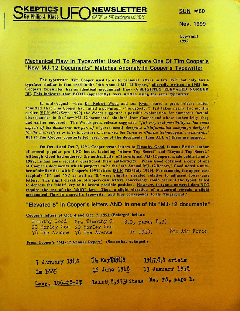 Skeptics UFO Newsletter 60 November 1999 Philip J Klass Tim Cooper0