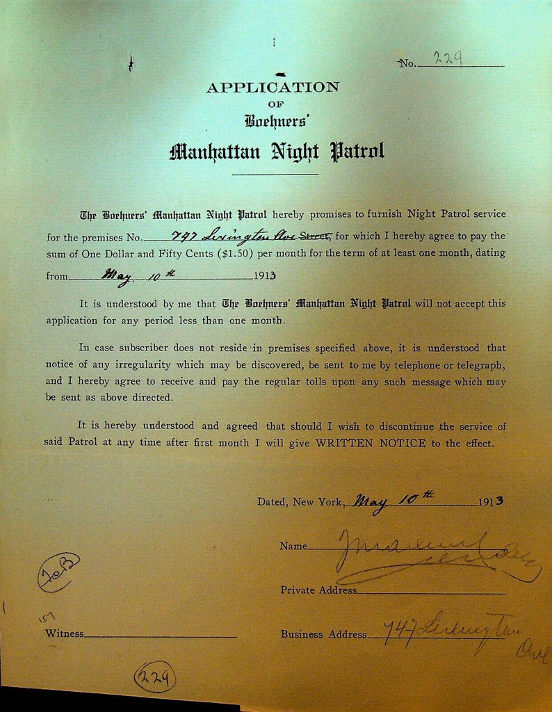 Boehners Manhattan Night Patrol Signed Contract 1913 747 Lexington Ave