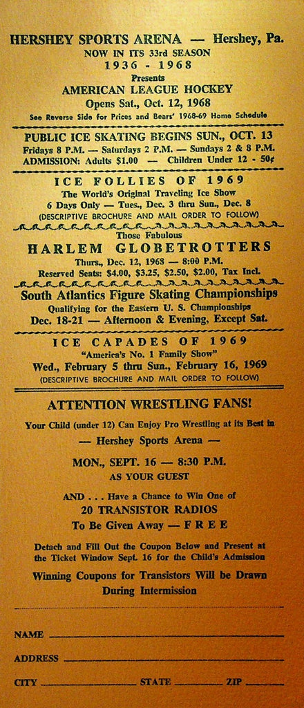 Hershey Sports Arena 1968 Event Card Pa Harlem Globetrotters Wrestling AHL Bears0