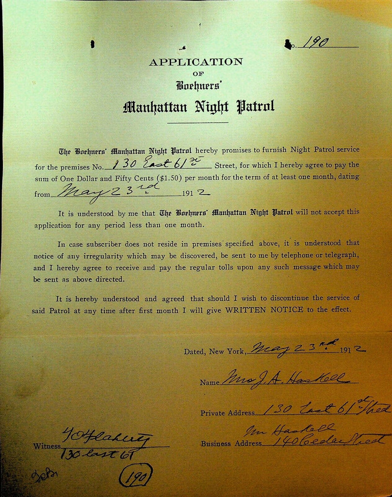 Boehners Manhattan Night Patrol Signed Contract 1910 Mrs JA Haskell 130 E 61st