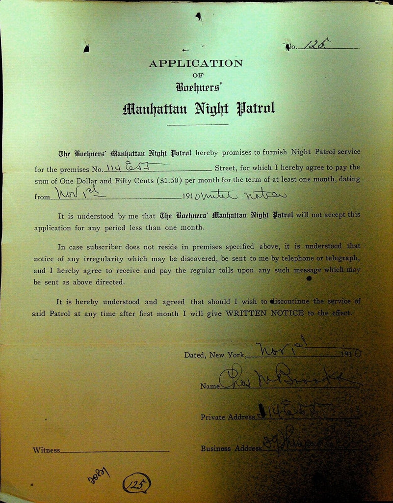 Boehners Manhattan Night Patrol Signed Contract 1910 Charles Brooks 14 E 55th St