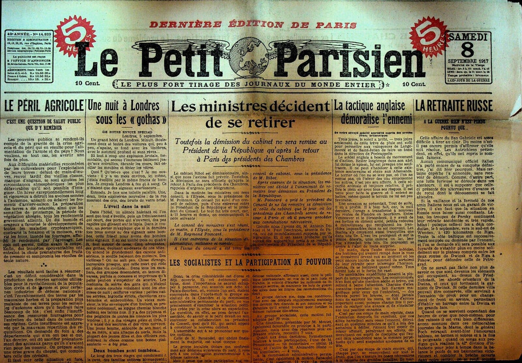 Le Petit Parisien WWI Newspaper France September 8 1917 Socialists Emile Basly