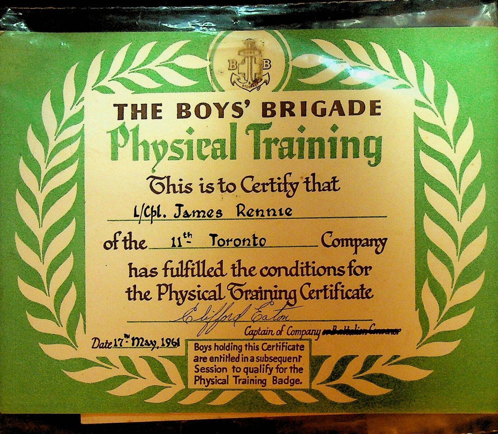 The Boys Brigade Physical Training Certificate 1961 11th Toronto Company