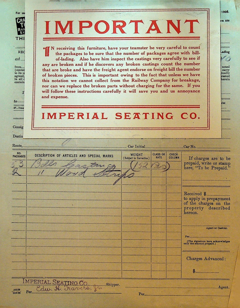 Grand Trunk Railway System Bill of Lading May 24 1910 Imperial Seating Co0