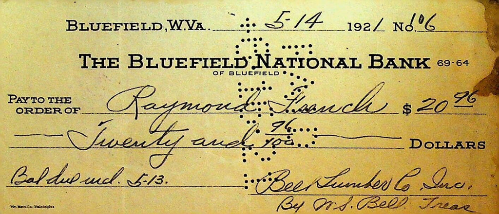 The Bluefield National Bank West Virginia Used Bank Check 1921
