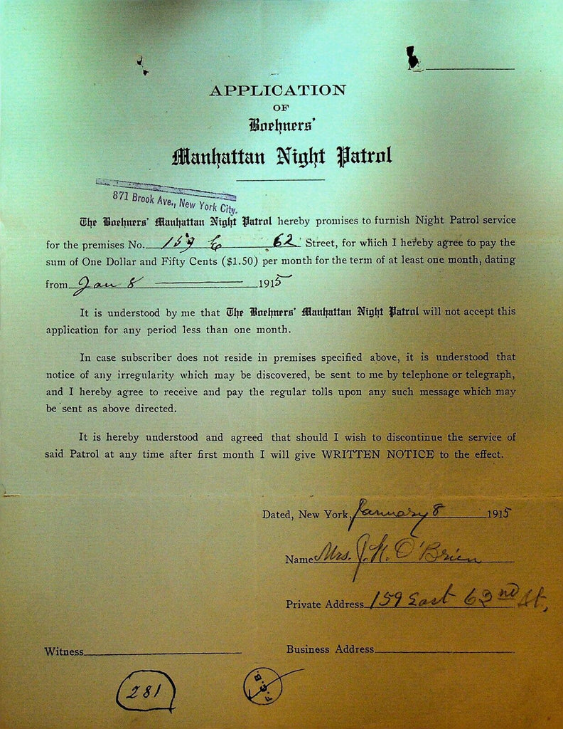 Boehners Manhattan Night Patrol Signed Contract 1915 Mrs JK O'Brien 159 E 62 St