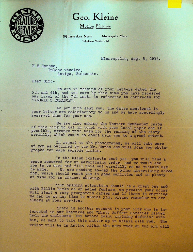 George Kleine Motion Pictures Letterhead August 8 1916 Gloria's Romance0