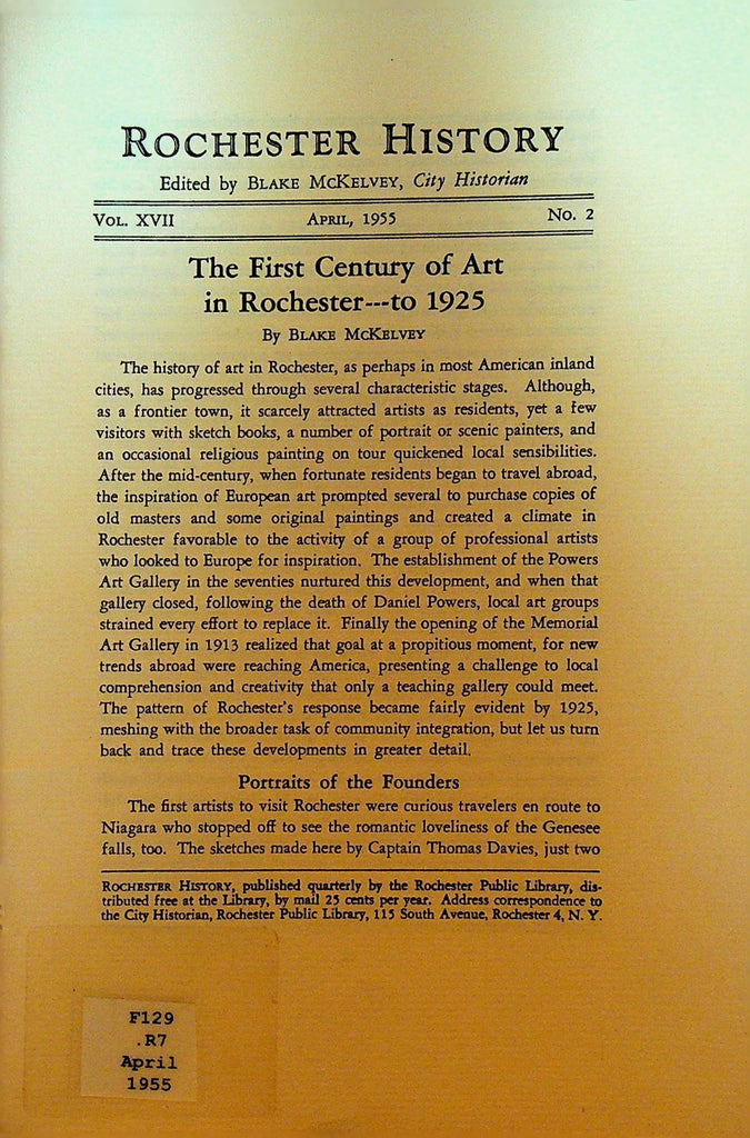 Rochester History NY April 1955 First Century of Art in Rochester to 19250