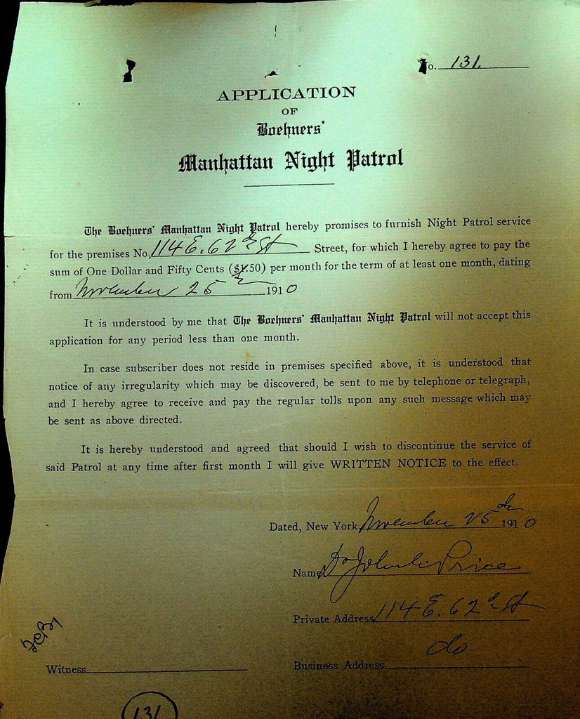 Boehners Manhattan Night Patrol Signed Contract 1910 J Price 114 E 62nd St