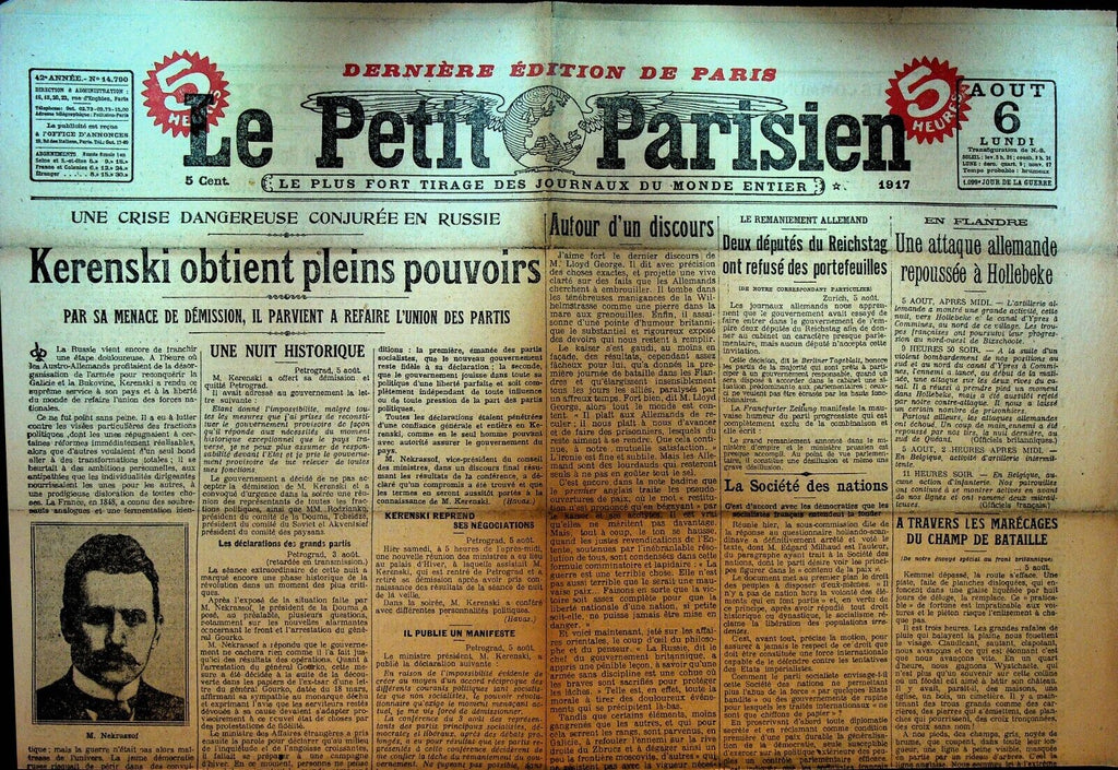 Le Petit Parisien WWI Newspaper France August 6 1917 Alexander Kerensky