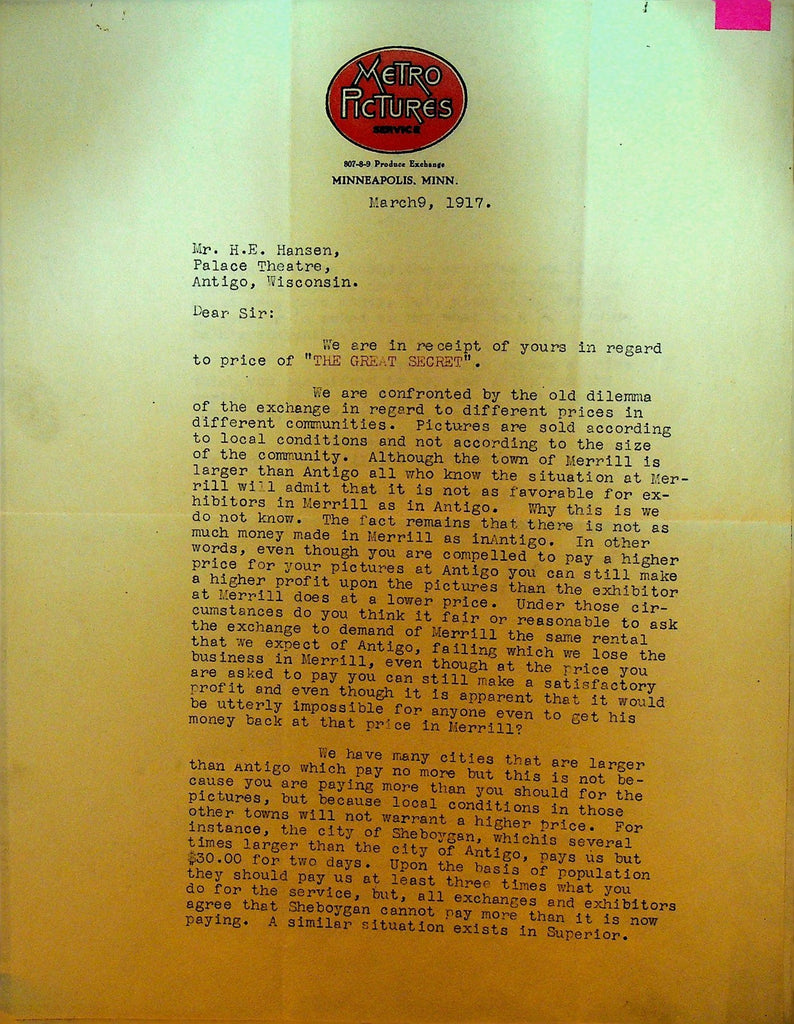 Metro Pictures Letterhead March 9 1917 The Great Secret Silent Film0