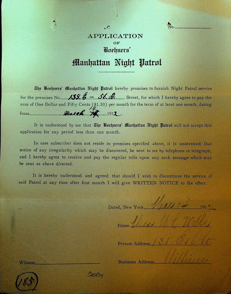 Boehners Manhattan Night Patrol Signed Contract 1910 E Wells 135 East 56th St