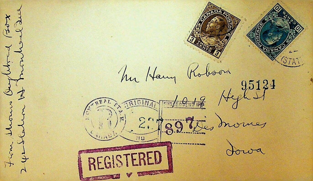 Registered Mail Cover From Canada to Des Moines Iowa 1922