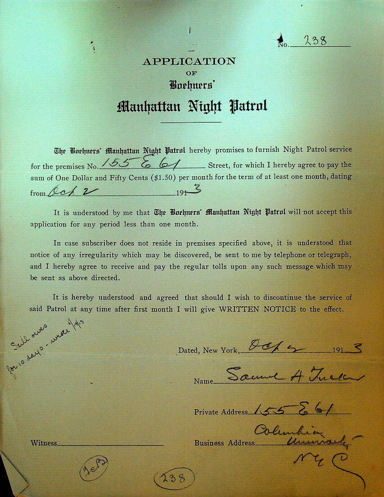 Boehners Manhattan Night Patrol Signed Contract 1913 S Tucker 155 E 61st St