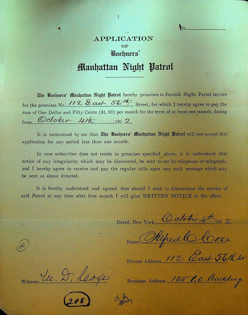 Boehners Manhattan Night Patrol Signed Contract 1912 Alfred Cone 112 East 56th
