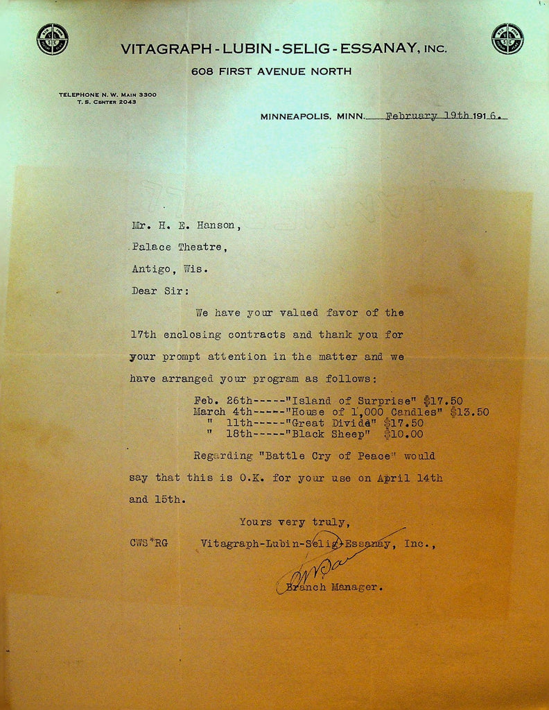Vitagraph Lubin Selig Essanay Letterhead February 19 1916 Great Divide0