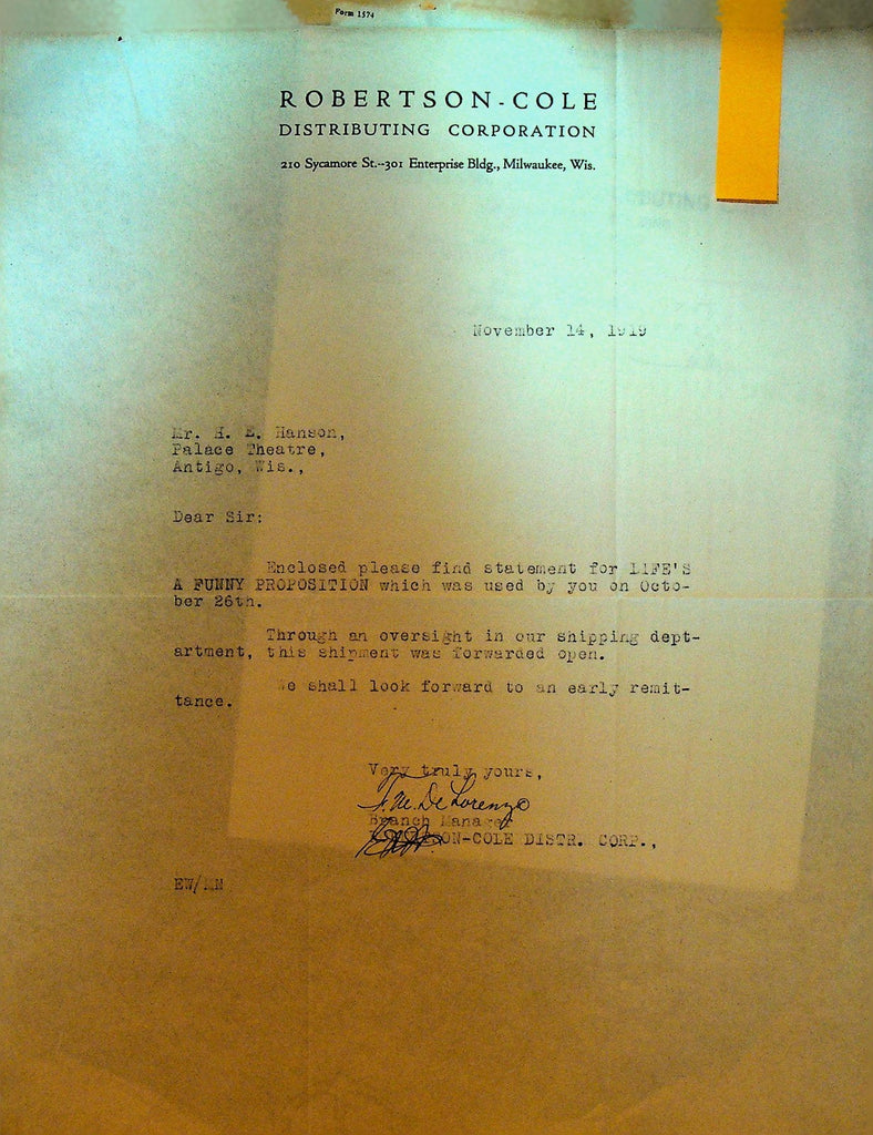 Robertson Cole Letterhead November 14 1919 Life's a Funny Proposition0