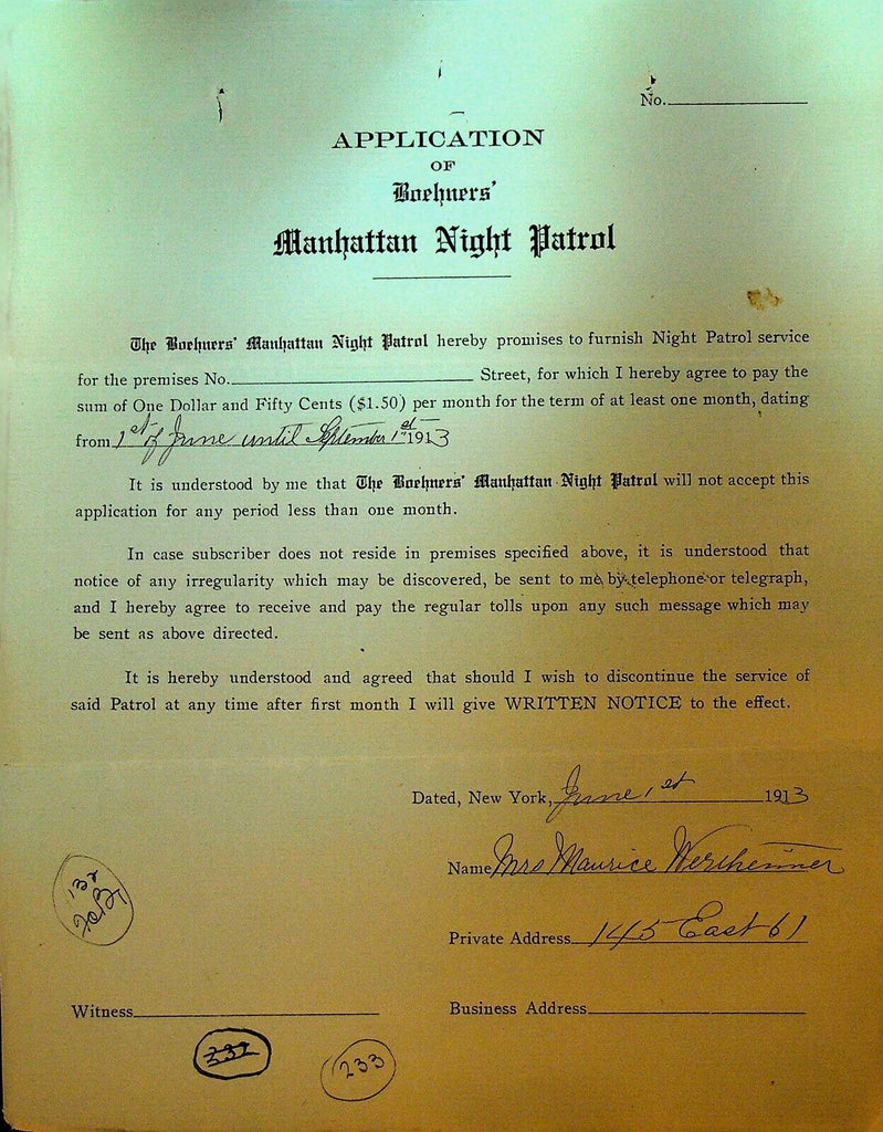 Boehners Manhattan Night Patrol Signed Contract 1913 Mrs Maurice Wertheimer