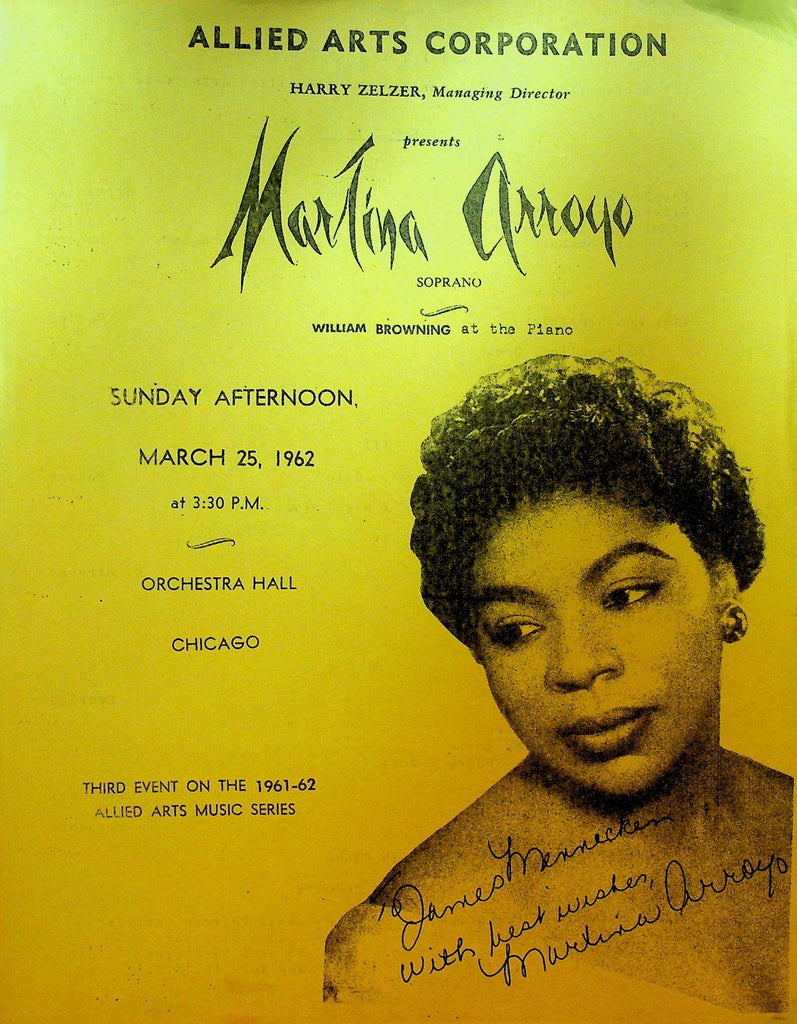 Martina Arroyo Autographed Program Sheet March 1962 Chicago Singer0