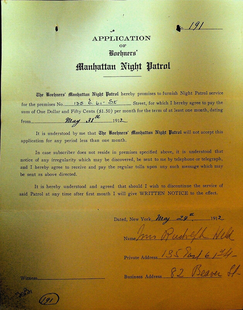 Boehners Manhattan Night Patrol Signed Contract 1910 Mrs Rudolph Held 135 E 61st
