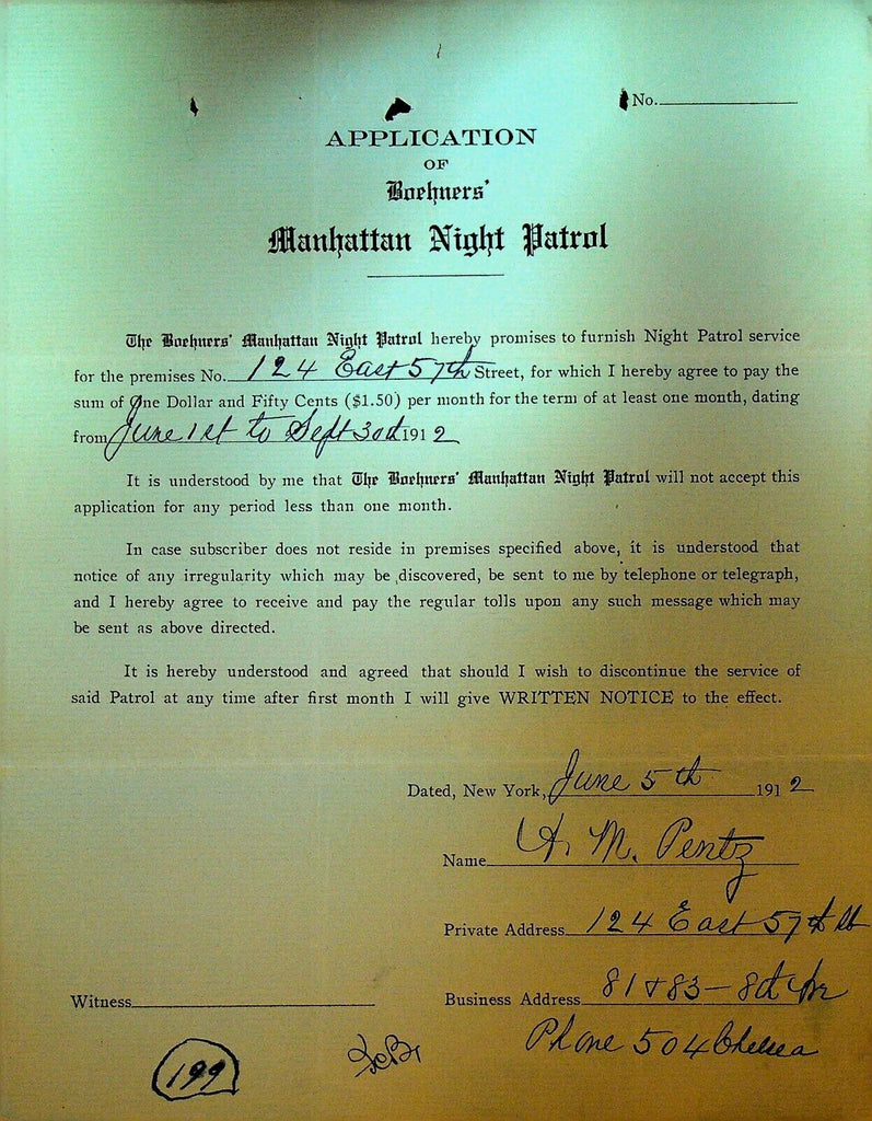 Boehners Manhattan Night Patrol Signed Contract 1912 AM Pentz 124 East 57th St