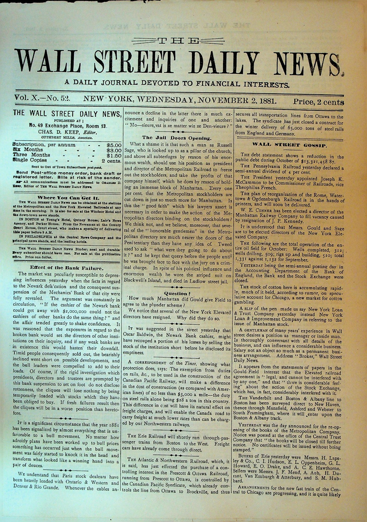 The Wall Street Daily News November 2 1881 Jay Gould Railroads Russell Sage0