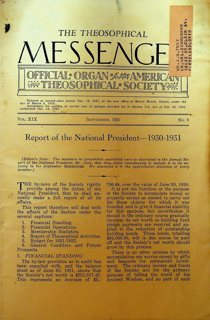 American Theosophical Messenger September 1931 President Report