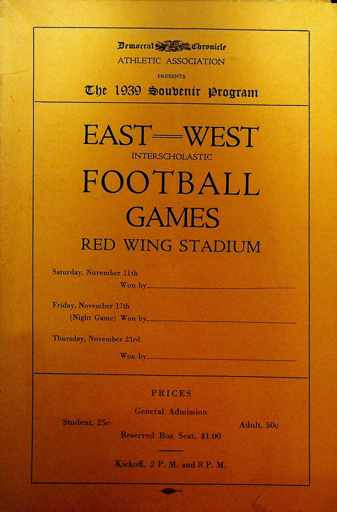 Rochester NY East West Interscholastic Football Games Program 19390
