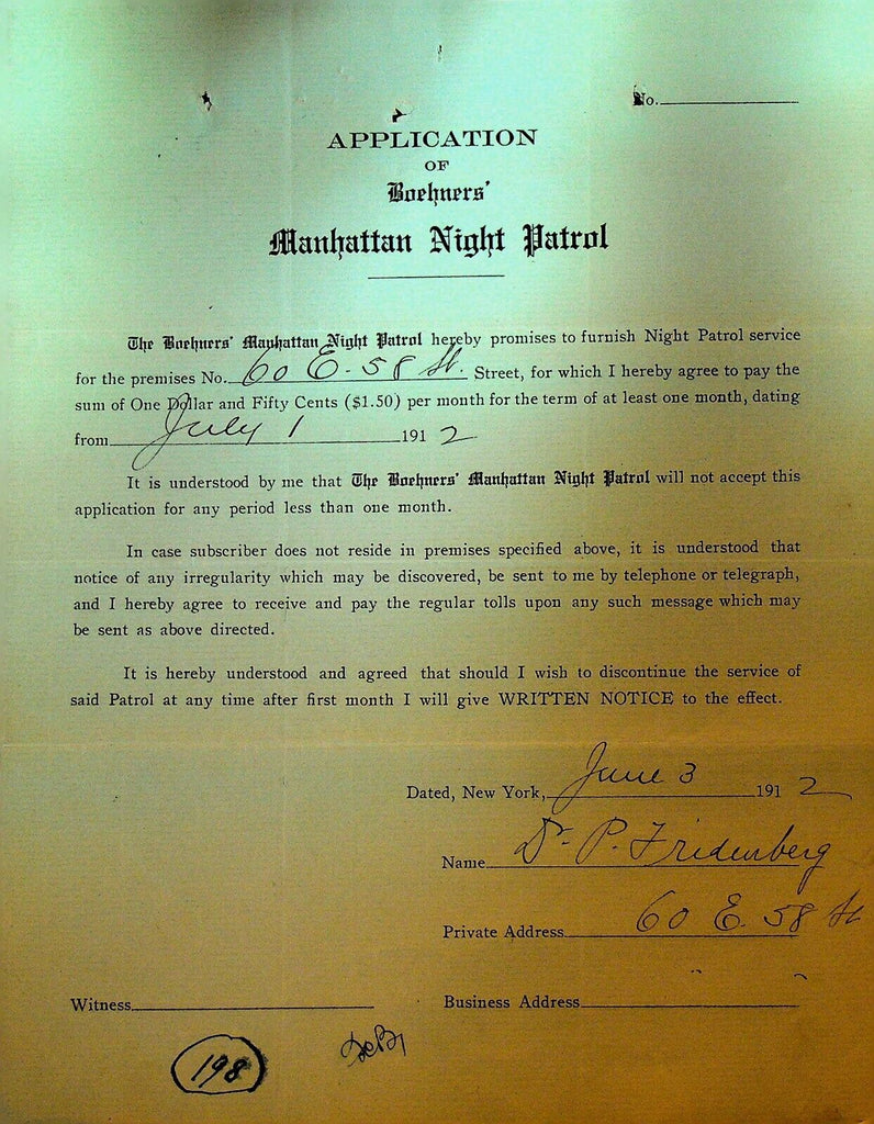 Boehners Manhattan Night Patrol Signed Contract 1912 EP Friedenberg 60 E 58th St