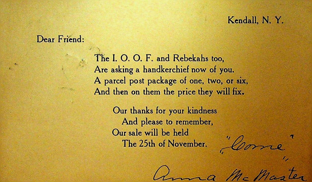 IOOF & Rebekahs ca 1910 Kendall NY Thanksgiving Sale Ad Postal Card0