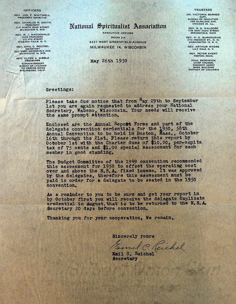 National Spiritualist Association 1950 Letterhead Delegate Credentials & Report0