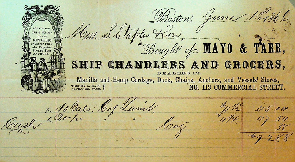 Mayo & Tarr Billhead Boston June 1 1866 Ship Chandlers & Grocers0
