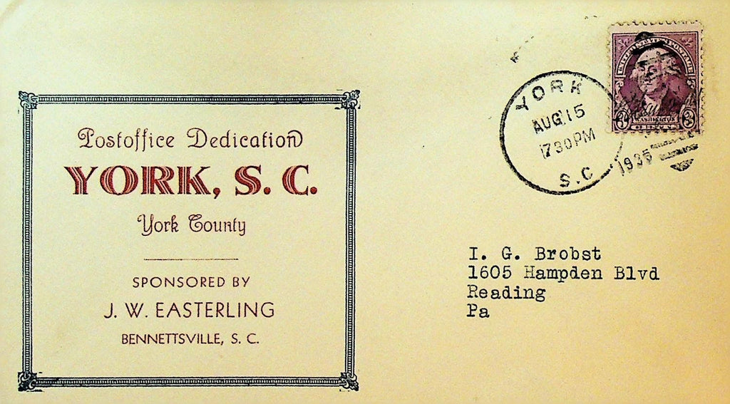 York South Carolina Post Office Dedication Cover 19350
