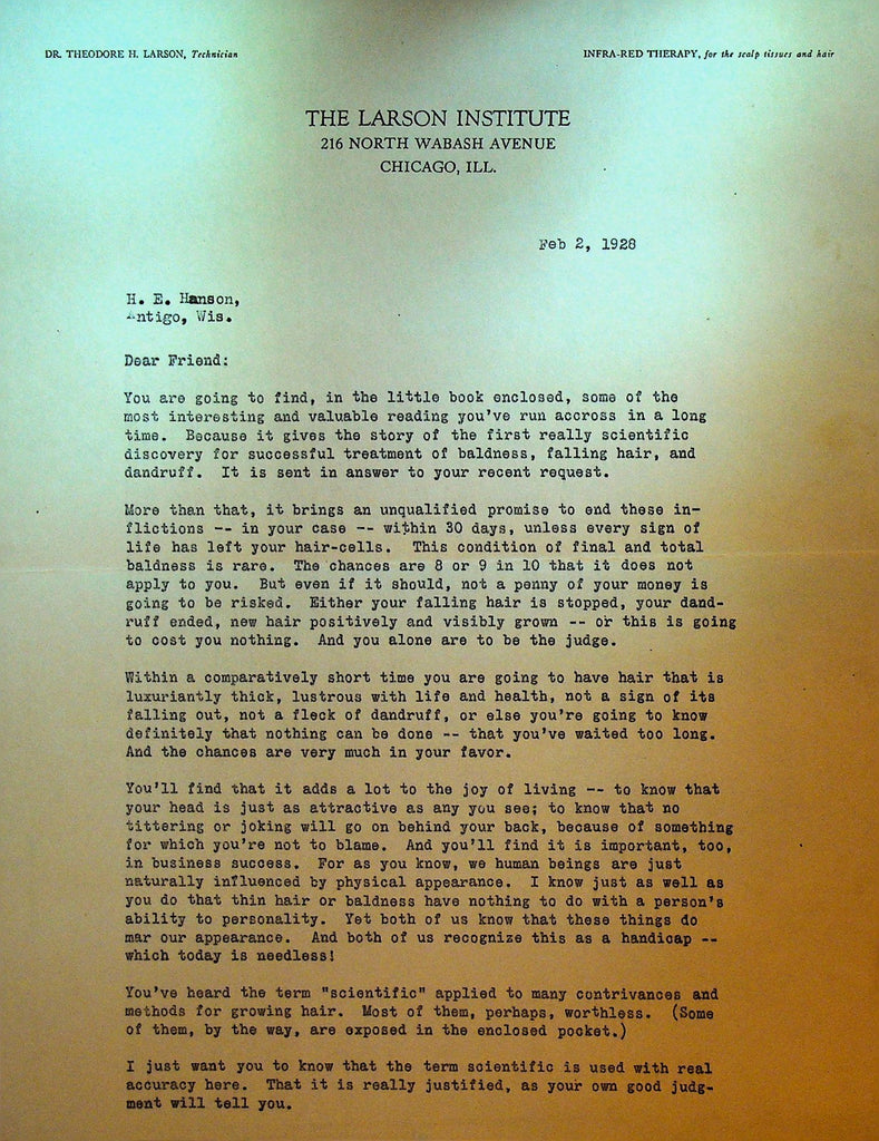 Larson Institute Letterhead February 2 1928 Hair Loss Cure Dermo Ray0