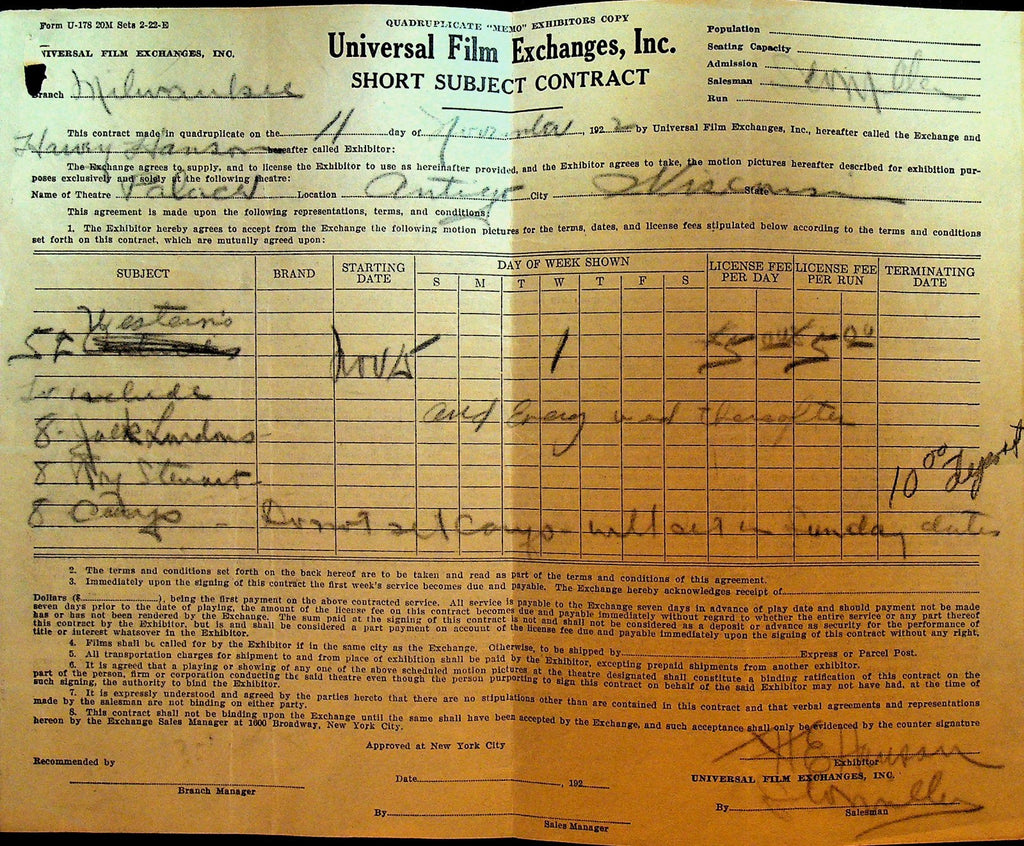 Universal Film Exchanges Contract November 11 1922 Jack London Shorts0