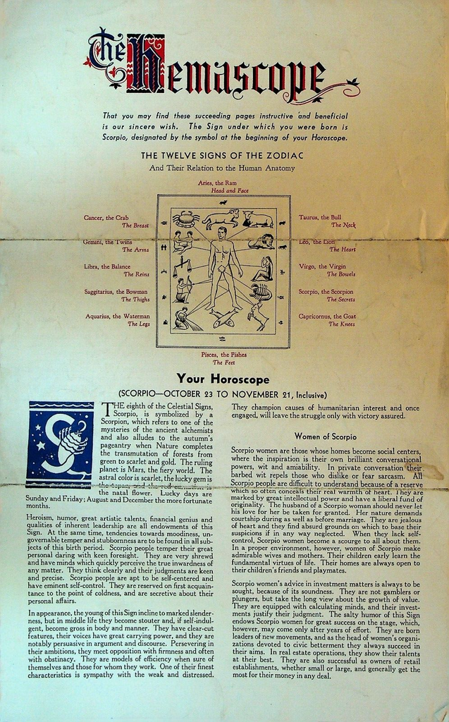Hemascope 1932 Your Horoscope Astrology Hemafil Company Detroit Michigan